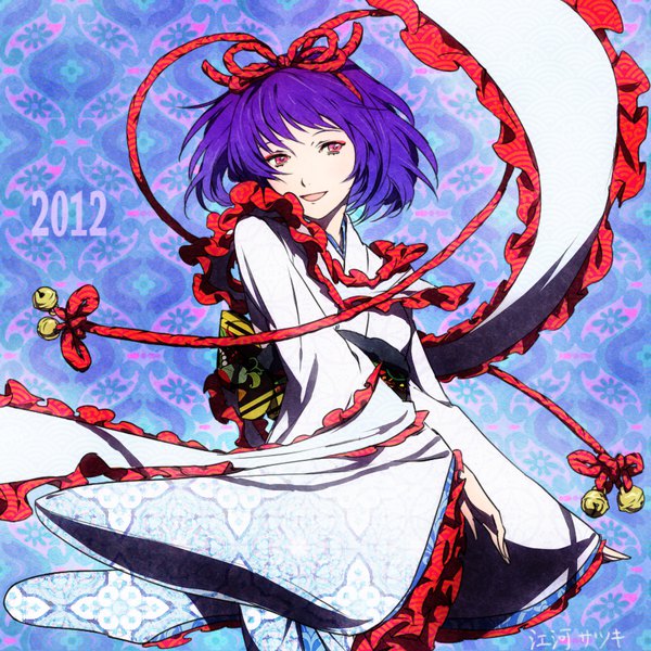 Anime picture 900x900 with touhou nagae iku egawa satsuki single fringe short hair open mouth looking away purple hair traditional clothes japanese clothes pink eyes alternate costume 2012 girl ribbon (ribbons) hair ribbon frills obi bell