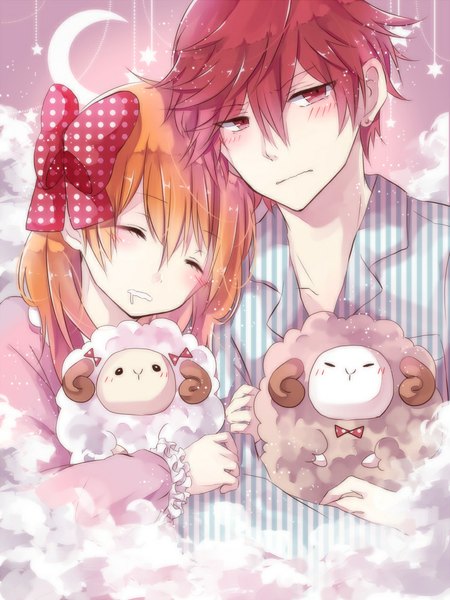 Anime picture 750x1000 with gekkan shoujo nozaki-kun doga kobo sakura chiyo mikoshiba mikoto long hair tall image blush short hair red eyes cloud (clouds) red hair eyes closed orange hair sparkle couple hug pink background saliva sleeping polka dot