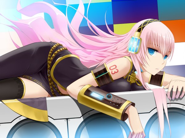 Anime picture 1600x1200 with vocaloid megurine luka penpen (artist) single long hair blue eyes pink hair girl thighhighs headphones