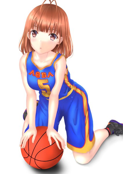 Anime picture 1358x1920 with original kitty margaret (ichi-gen) ichi-gen single long hair tall image fringe simple background brown hair white background brown eyes ahoge blunt bangs parted lips arm support :o kneeling basketball playing sports girl