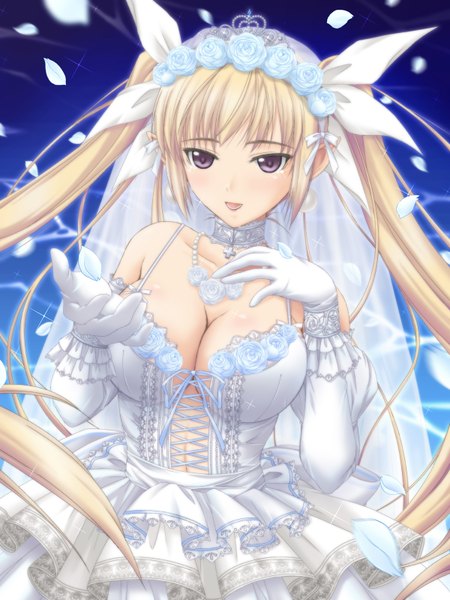 Anime picture 1200x1600 with shining (series) shining hearts mistral nereis yoshimura kentaro single long hair tall image breasts light erotic blonde hair smile large breasts twintails bare shoulders brown eyes cleavage girl dress gloves bow