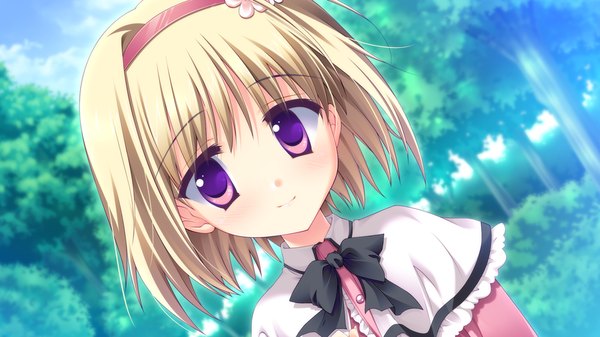 Anime picture 1024x576 with strawberry nauts short hair blonde hair smile wide image purple eyes game cg loli girl hairband
