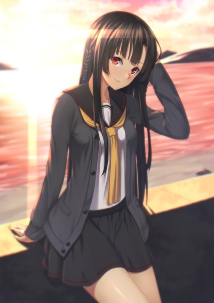 Anime picture 1000x1412 with original mikazuchi zeus single long hair tall image looking at viewer fringe smile red eyes brown hair braid (braids) sunlight reflection mountain hand on head sunrise girl skirt uniform water
