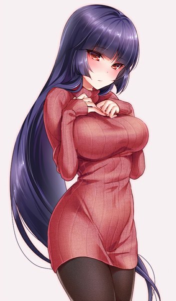 Anime picture 550x937 with pokemon pokemon (game) nintendo sabrina (pokemon) akira (natsumemo) single long hair tall image looking at viewer blush fringe breasts simple background red eyes large breasts standing purple hair embarrassed thighs hand on chest