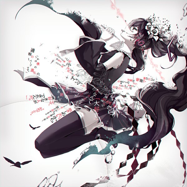 Anime picture 800x800 with vocaloid nisoku hokou (vocaloid) hatsune miku mamenomoto single long hair black hair twintails bent knee (knees) long sleeves pleated skirt hair flower black eyes inscription wide sleeves girl skirt hair ornament flower (flowers) detached sleeves