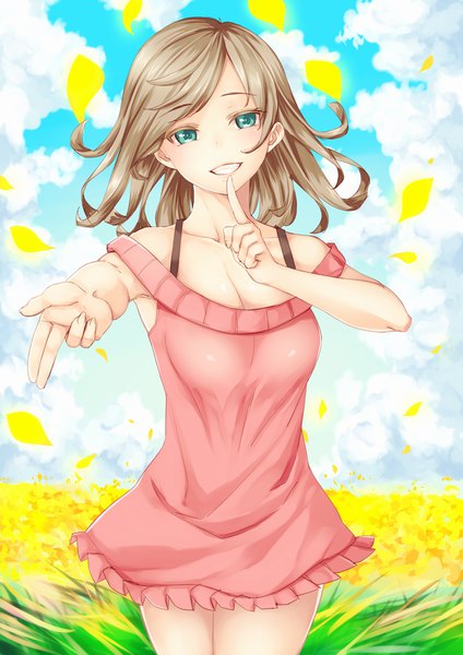 Anime picture 867x1227 with original arios (orochi yuta) single long hair tall image looking at viewer smile brown hair standing green eyes sky cloud (clouds) grin outstretched arm finger to mouth happy girl dress flower (flowers) petals