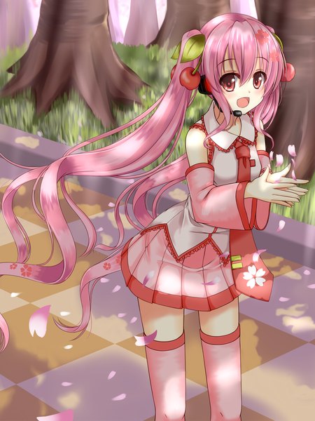 Anime picture 1350x1800 with vocaloid hatsune miku sakura miku sogaya long hair tall image open mouth red eyes twintails pink hair girl thighhighs skirt plant (plants) detached sleeves miniskirt petals tree (trees) food headphones