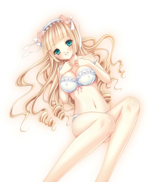 Anime picture 1800x2067 with original momoi komomo single long hair tall image looking at viewer blush highres open mouth light erotic simple background blonde hair white background green eyes lying underwear only drill hair girl navel underwear