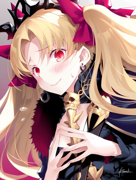 Anime picture 755x1000 with fate (series) fate/grand order ereshkigal (fate) kousaki rui single long hair tall image looking at viewer blush fringe simple background blonde hair smile red eyes white background signed two side up dutch angle fur trim sweatdrop