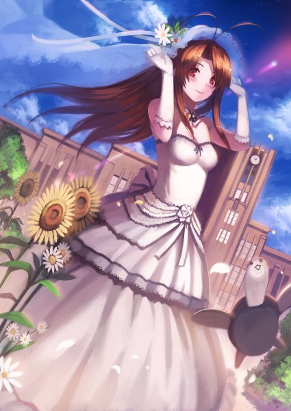 Anime picture 1700x2400 with love hina narusegawa naru yykuaixian single long hair tall image blush red eyes brown hair ahoge girl dress gloves flower (flowers) wedding dress