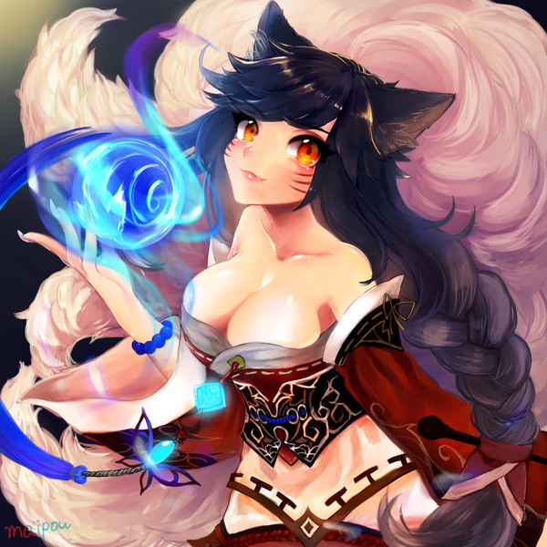 Anime picture 1037x1037 with league of legends ahri (league of legends) maipou (maihana) single long hair looking at viewer breasts light erotic black hair simple background large breasts bare shoulders signed animal ears payot cleavage tail braid (braids) traditional clothes animal tail