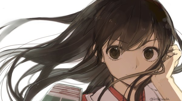 Anime picture 900x500 with kantai collection akagi aircraft carrier hita (hitapita) single long hair fringe simple background smile brown hair wide image white background brown eyes signed looking away wind adjusting hair close-up face girl