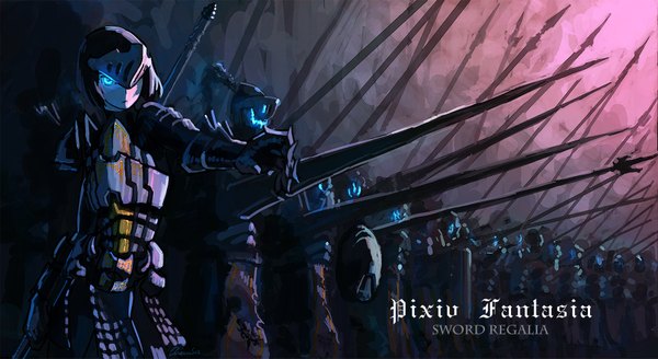 Anime picture 1800x985 with original pixiv fantasia pixiv pixiv fantasia sword regalia chevasis (artist) highres wide image standing glowing glowing eye (eyes) serious army gloom gloves weapon armor helmet spear shield