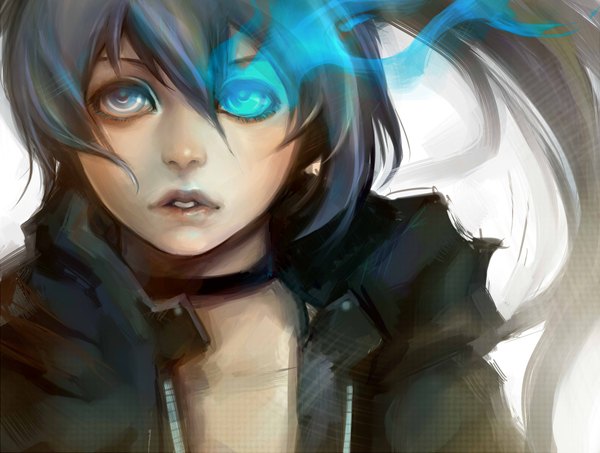 Anime picture 2002x1512 with black rock shooter black rock shooter (character) zapekanka single long hair highres open mouth blue eyes twintails grey hair teeth glowing looking up glowing eye (eyes) girl choker cloak