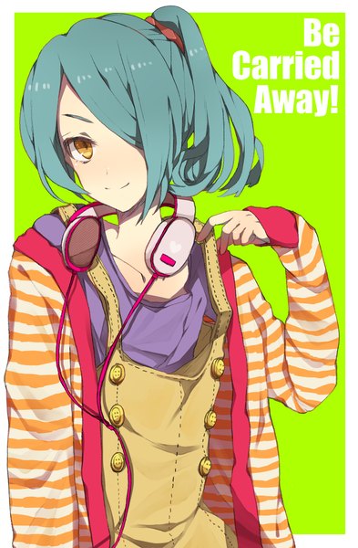 Anime picture 1548x2364 with inazuma eleven kazemaru ichirouta koko (kotobutyann) single tall image looking at viewer fringe short hair simple background smile yellow eyes hair over one eye aqua hair inscription side ponytail border striped green background headphones around neck boy