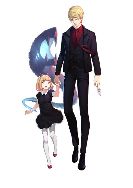 Anime picture 2480x3507 with original daye bie qia lian tall image fringe highres short hair blue eyes blonde hair full body holding hands transparent background girl dress boy bow hair bow pantyhose necktie tuxedo