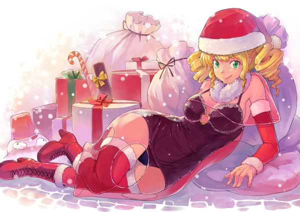Anime picture 1331x941 with original kanini single looking at viewer short hair light erotic blonde hair smile twintails green eyes drill hair short twintails christmas reclining girl thighhighs swimsuit detached sleeves boots one-piece swimsuit