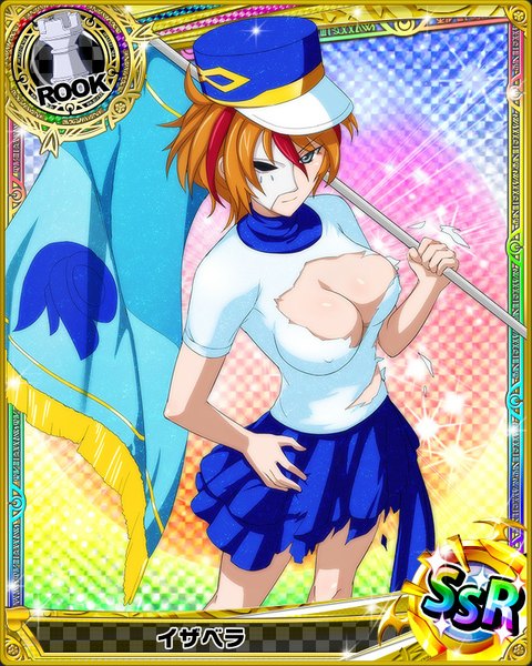Anime picture 640x800 with highschool dxd isabela (high school dxd) single tall image short hair blue eyes light erotic cleavage orange hair coloring torn clothes card (medium) girl skirt mask clothes flag shako cap