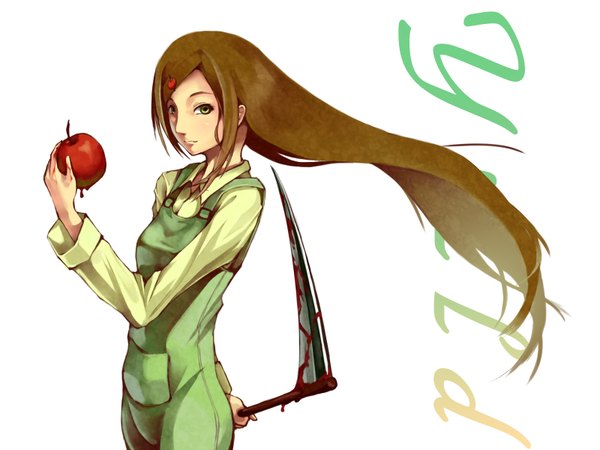 Anime picture 1600x1200 with sound horizon elysion yield foge long hair highres brown hair green eyes food blood fruit apple scythe overalls