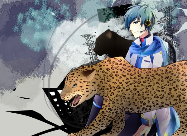 Anime picture 1341x977 with vocaloid kaito (vocaloid) kaito (vocaloid3) tagme (artist) single short hair blue eyes smile blue hair looking away boy animal headphones scarf panther leopard