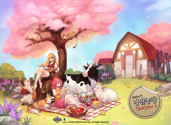 Anime picture 1200x880 with mabinogi olivia (yh) long hair blue eyes blonde hair red eyes sitting multiple girls red hair cherry blossoms girl dress flower (flowers) 2 girls plant (plants) animal petals tree (trees) food cat