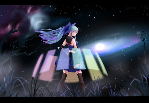 Anime picture 6500x4500 with original mrblackcat single long hair highres blue eyes blue hair absurdres ponytail looking back space girl thighhighs skirt gloves bow black thighhighs hair bow elbow gloves boots