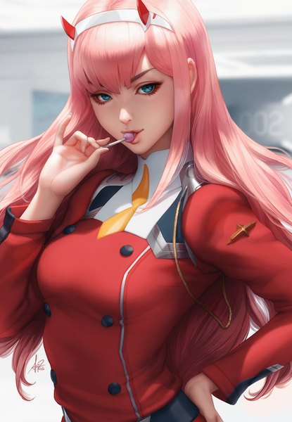 Anime picture 900x1300 with darling in the franxx studio trigger zero two (darling in the franxx) artgerm (stanley lau) single long hair tall image looking at viewer blush fringe breasts holding signed pink hair upper body horn (horns) aqua eyes fingernails realistic hand on hip