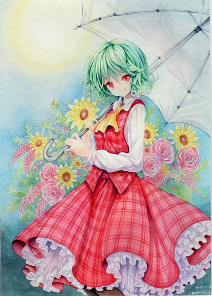 Anime picture 1074x1500 with touhou kazami yuuka mosho single tall image looking at viewer short hair smile red eyes signed green hair traditional media watercolor (medium) girl dress skirt flower (flowers) umbrella vest skirt set