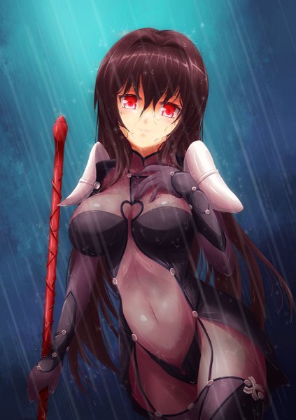 Anime picture 847x1200 with fate (series) fate/grand order scathach (fate) (all) scathach (fate) ahsiu single long hair tall image looking at viewer fringe breasts light erotic simple background smile hair between eyes red eyes large breasts holding payot purple hair