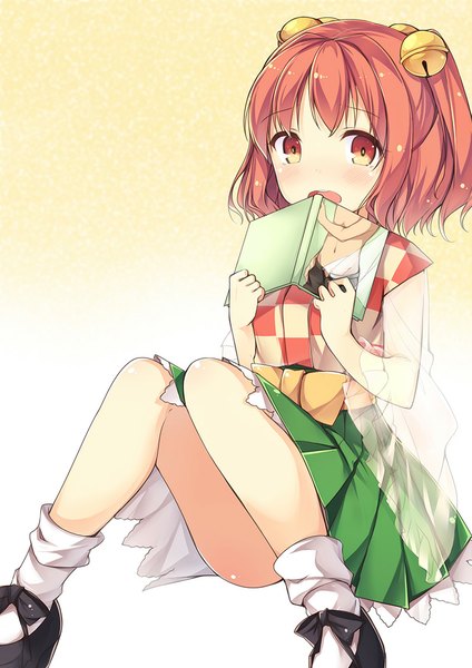 Anime picture 800x1131 with touhou motoori kosuzu amemiya ruki single tall image looking at viewer blush short hair open mouth light erotic red eyes sitting red hair two side up embarrassed checkered transparent knees together feet apart hair bell girl