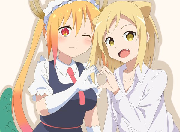 Anime picture 3200x2350 with kobayashi-san chi no maidragon demi-chan wa kataritai a-1 pictures kyoto animation tooru (maidragon) takanashi hikari seno (nanrandesu) long hair looking at viewer blush fringe highres open mouth blonde hair smile hair between eyes red eyes twintails multiple girls yellow eyes