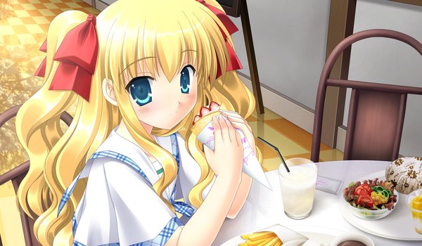 Anime picture 1344x784 with sin kuro to kiiro no shoujo claire long hair blush blue eyes blonde hair wide image game cg girl ribbon (ribbons) hair ribbon food sweets crepe