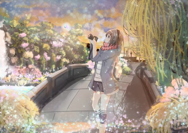 Anime picture 3507x2480 with original akatsukiame single highres short hair brown hair standing absurdres sky outdoors profile open clothes open jacket grey eyes snowing looking up winter snow shiny girl
