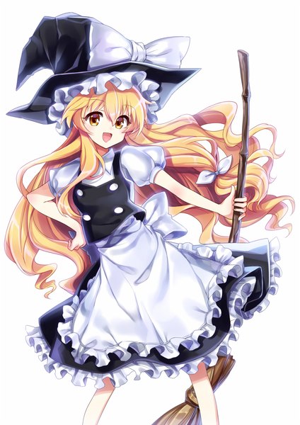 Anime picture 800x1131 with touhou kirisame marisa songmil single tall image looking at viewer open mouth simple background blonde hair white background yellow eyes wind hand on hip wavy hair girl skirt bow hat frills witch hat