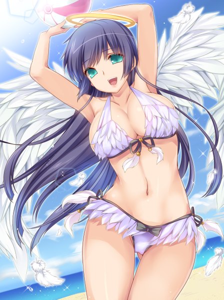 Anime picture 1020x1364 with original moneti (daifuku) single long hair tall image looking at viewer breasts open mouth blue eyes light erotic large breasts blue hair girl navel swimsuit bikini wings feather (feathers) halo