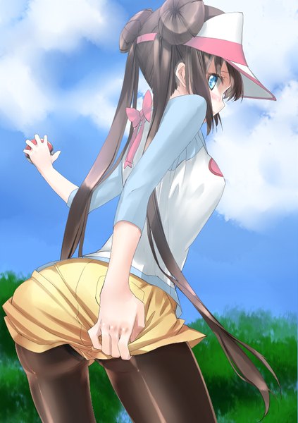 Anime picture 578x818 with pokemon pokemon black and white nintendo rosa (pokemon) kyougoku touya single long hair tall image blush blue eyes light erotic brown hair standing twintails sky cloud (clouds) looking back from behind hair bun (hair buns) embarrassed