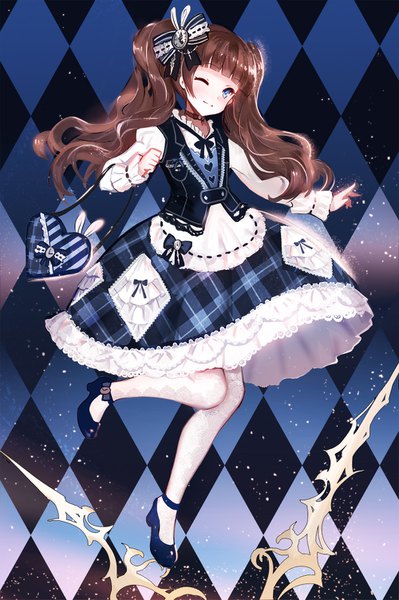 Anime picture 1000x1502 with original juexing (moemoe3345) single long hair tall image blush fringe blue eyes smile brown hair standing twintails full body bent knee (knees) blunt bangs long sleeves one eye closed wink puffy sleeves standing on one leg