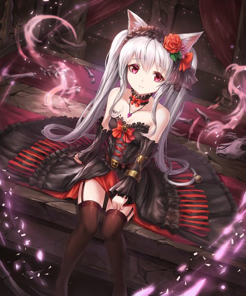 Anime picture 1000x1200 with original lunacle single tall image looking at viewer fringe hair between eyes sitting twintails bare shoulders animal ears silver hair tail animal tail pink eyes hair flower cat ears cat girl cat tail magic