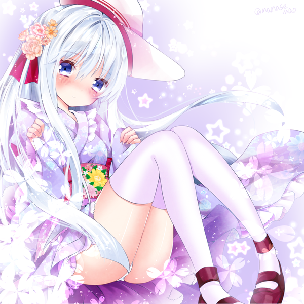 Anime picture 800x800 with kantai collection hibiki destroyer verniy destroyer nanase nao single long hair looking at viewer blush fringe light erotic hair between eyes sitting purple eyes signed silver hair bent knee (knees) long sleeves traditional clothes head tilt japanese clothes