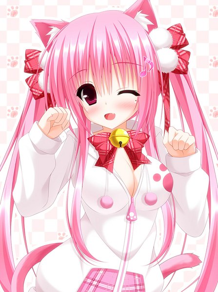 Anime picture 808x1083 with original yunagi amane single long hair tall image blush open mouth red eyes twintails animal ears pink hair one eye closed wink cat ears mole cat girl mole under eye ;d girl hair ornament