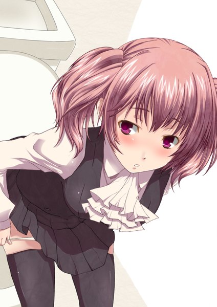 Anime picture 707x1000 with inu x boku ss david production roromiya karuta kiko (weavehabit) single tall image blush fringe short hair light erotic pink hair pink eyes :o girl thighhighs underwear panties black thighhighs toilet