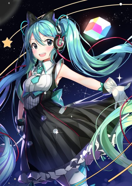 Anime picture 2480x3508 with vocaloid magical mirai (vocaloid) hatsune miku magical mirai miku magical mirai miku (2016) dr poapo single tall image blush highres open mouth smile twintails very long hair aqua eyes aqua hair spread arms shooting star girl dress