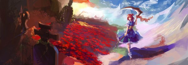 Anime picture 2283x800 with touhou onozuka komachi jinying single highres short hair red eyes wide image sky cloud (clouds) red hair girl dress flower (flowers) weapon scythe higanbana