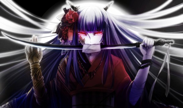 Anime picture 2731x1617 with original enka (aknne) single long hair looking at viewer fringe highres wide image holding purple hair traditional clothes japanese clothes pink eyes hair flower horn (horns) fingernails mouth hold glowing glowing eye (eyes) girl