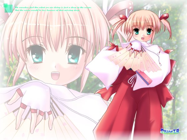 Anime picture 1600x1200 with highres green eyes japanese clothes wallpaper miko ribbon (ribbons) fan
