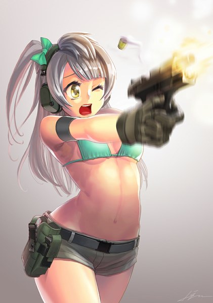Anime picture 800x1140 with love live! school idol project sunrise (studio) love live! minami kotori single long hair tall image breasts open mouth light erotic simple background yellow eyes looking away grey hair blurry grey background one side up shot firing casing ejection