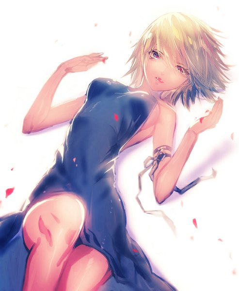 Anime picture 657x800 with original fuji minako single tall image looking at viewer fringe short hair breasts open mouth blue eyes blonde hair simple background white background bare shoulders bent knee (knees) lying lips teeth fang (fangs) sleeveless