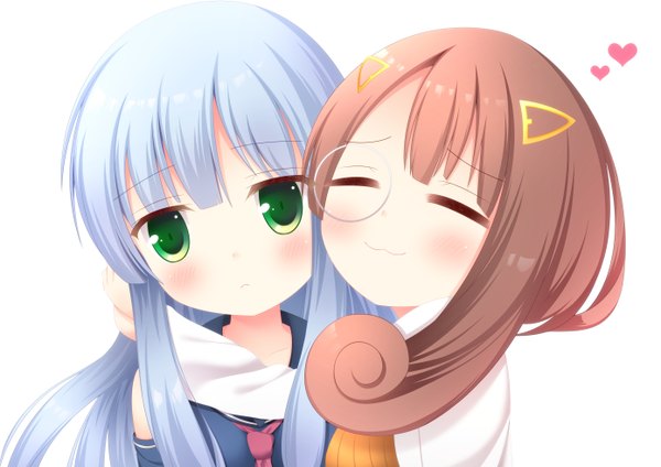 Anime picture 1389x982 with aoki hagane no arpeggio iona hyuga (aoki hagane no arpeggio) gtgtqt long hair looking at viewer blush smile brown hair white background multiple girls green eyes blue hair hug shoujo ai girl 2 girls monocle