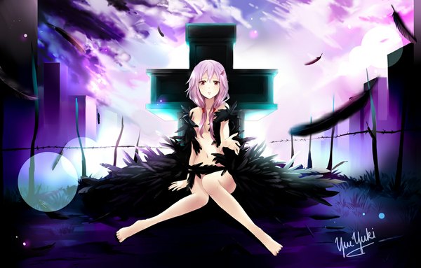 Anime picture 1169x748 with guilty crown production i.g yuzuriha inori yueyuki single long hair looking at viewer fringe red eyes sitting pink hair barefoot bare legs girl navel hair ornament plant (plants) hairclip feather (feathers) grass