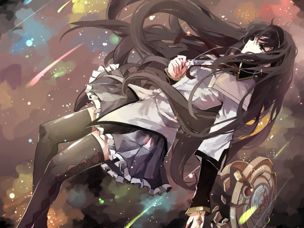 Anime picture 1200x900 with mahou shoujo madoka magica shaft (studio) akemi homura ghost (ghost528) single long hair fringe black hair black eyes dutch angle leg lift (legs lift) space meteor rain girl thighhighs skirt bow black thighhighs hairband star (stars)